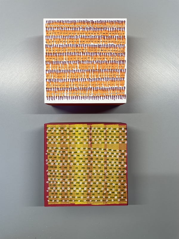 Two drawings, small works, works on paper, orange, square, 4 x4 inch, by Stella Untalan