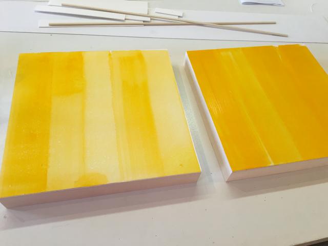 two prepped panels now yellow for drawings by Stella Untalan