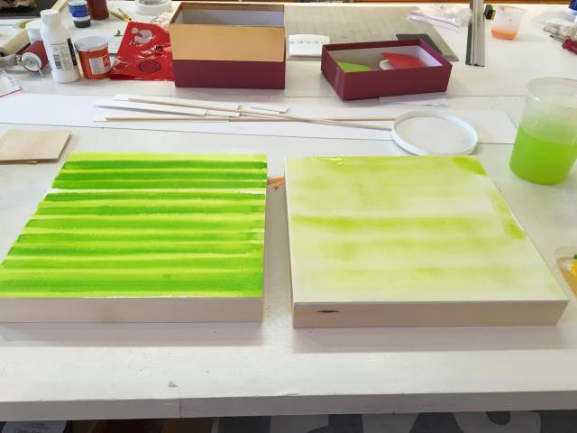 two prepped panels now green for drawings by Stella Untalan